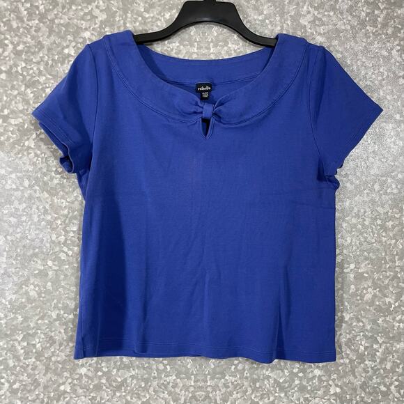 Rafaella Woman's Bright Blue Bow Front Short Sleeve Knit Top - Size XL - Keyhole - Picture 1 of 6